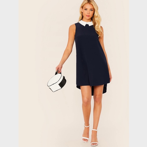 White Collar Navy Mini Dress High Low Hem - Picture 6 of 8